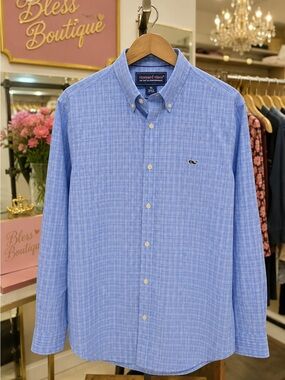 Vineyard Vines Men’s Sky Blue Plaid Button-Down Shirt